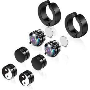 SIISPRI 4 Pairs Black Earrings for Men, Titanium Screw Back Surgical Stainless Steel Stud Earrings Rainbow 5A Cubic Zirconia Hypoallergenic Aritos Para Hombre Studs Jewelry Set for Men Women