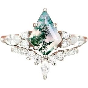 Moss Agate Gemstone Women's Irregular Zirconia and Diamonds 2-Piece Ring Set 925 Sterling Silver Ring for Women Kite Cut Women's Ring Set for Engagement Silver Jewelry（ 7Rose Gold）