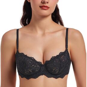 MELENECA Women's Sexy Lace Push Up Plus Size Sheer Balconette Underwire Unlined Bra in Kuwait