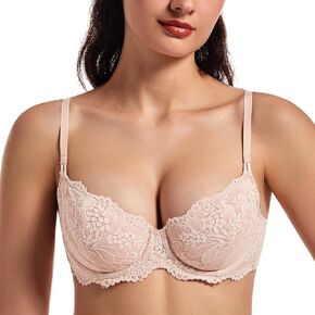 MELENECA Women's Sexy Lace Push Up Plus Size Sheer Balconette Underwire Unlined Bra