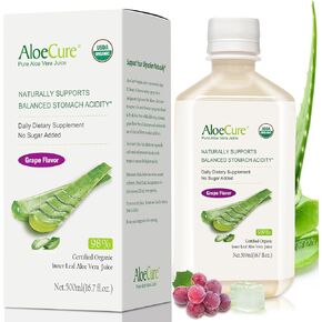 AloeCure USDA Organic Aloe Vera Juice Grape Flavor, Made Within 12 Hours of Harvest - Pure Aloe Juice Natural Digestive & Immune Support Supplement, Naturally Balances Stomach Acidity, 16.7oz Bottle