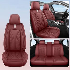 Front and Rear Seat Covers 5 Pieces, Waterproof Nappa Leather Sideless Car Seat Cushions Protective Auto Accessories, Universal Fit for Most Sedans SUV, Luxury Car Seat Cushion, Wine&Red