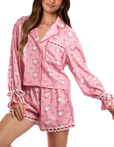 Argeousgor Women Valentine's Day Silk Pajamas Set Bow Pjs Long Sleeve Button Down Shirt Shorts Heart Lounge Set Sleepwear in Kuwait