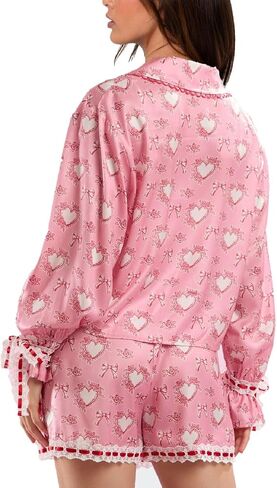 Argeousgor Women Valentine's Day Silk Pajamas Set Bow Pjs Long Sleeve Button Down Shirt Shorts Heart Lounge Set Sleepwear in Kuwait