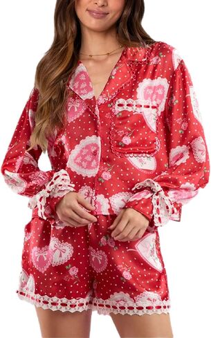 Argeousgor Women Valentine's Day Silk Pajamas Set Bow Pjs Long Sleeve Button Down Shirt Shorts Heart Lounge Set Sleepwear in Kuwait