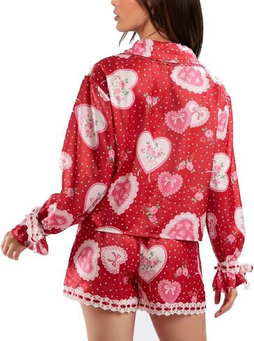 Argeousgor Women Valentine's Day Silk Pajamas Set Bow Pjs Long Sleeve Button Down Shirt Shorts Heart Lounge Set Sleepwear in Kuwait