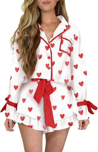 Argeousgor Women Valentine's Day Silk Pajamas Set Bow Pjs Long Sleeve Button Down Shirt Shorts Heart Lounge Set Sleepwear in Kuwait