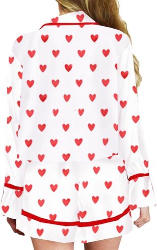 Argeousgor Women Valentine's Day Silk Pajamas Set Bow Pjs Long Sleeve Button Down Shirt Shorts Heart Lounge Set Sleepwear in Kuwait