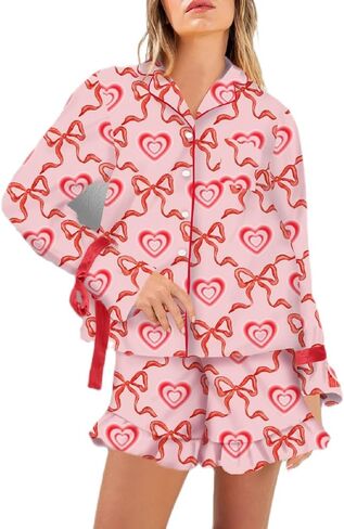 Argeousgor Women Valentine's Day Silk Pajamas Set Bow Pjs Long Sleeve Button Down Shirt Shorts Heart Lounge Set Sleepwear in Kuwait