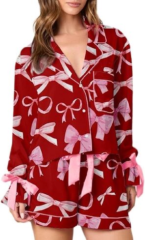 Argeousgor Women Valentine's Day Silk Pajamas Set Bow Pjs Long Sleeve Button Down Shirt Shorts Heart Lounge Set Sleepwear in Kuwait