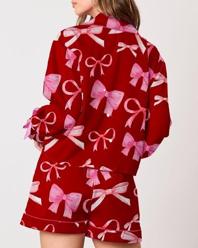 Argeousgor Women Valentine's Day Silk Pajamas Set Bow Pjs Long Sleeve Button Down Shirt Shorts Heart Lounge Set Sleepwear in Kuwait