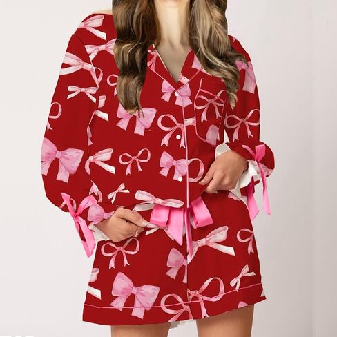 Argeousgor Women Valentine's Day Silk Pajamas Set Bow Pjs Long Sleeve Button Down Shirt Shorts Heart Lounge Set Sleepwear in Kuwait