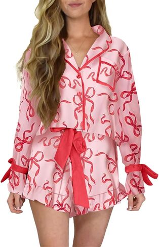 Argeousgor Women Valentine's Day Silk Pajamas Set Bow Pjs Long Sleeve Button Down Shirt Shorts Heart Lounge Set Sleepwear in Kuwait