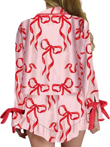 Argeousgor Women Valentine's Day Silk Pajamas Set Bow Pjs Long Sleeve Button Down Shirt Shorts Heart Lounge Set Sleepwear in Kuwait