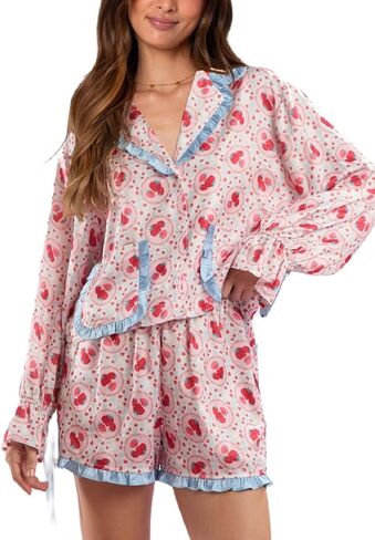 Argeousgor Women Valentine's Day Silk Pajamas Set Bow Pjs Long Sleeve Button Down Shirt Shorts Heart Lounge Set Sleepwear in Kuwait