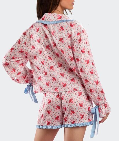 Argeousgor Women Valentine's Day Silk Pajamas Set Bow Pjs Long Sleeve Button Down Shirt Shorts Heart Lounge Set Sleepwear in Kuwait