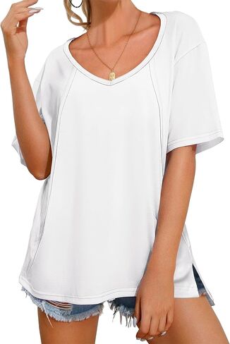 ANRABESS Womens Oversized T Shirts Short Sleeve V Neck Shirts Summer Casual Loose Slit Tunic Top Fashion 2025 Outfits Clothes in Saudi Arabia