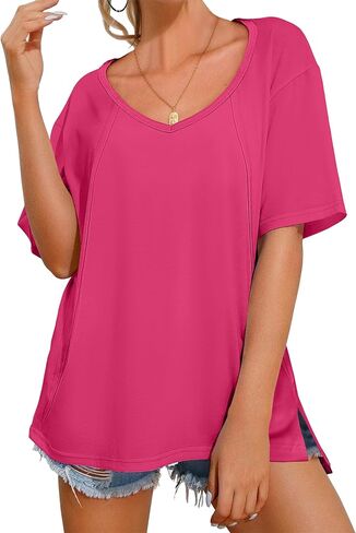 ANRABESS Womens Oversized T Shirts Short Sleeve V Neck Shirts Summer Casual Loose Slit Tunic Top Fashion 2025 Outfits Clothes in Saudi Arabia