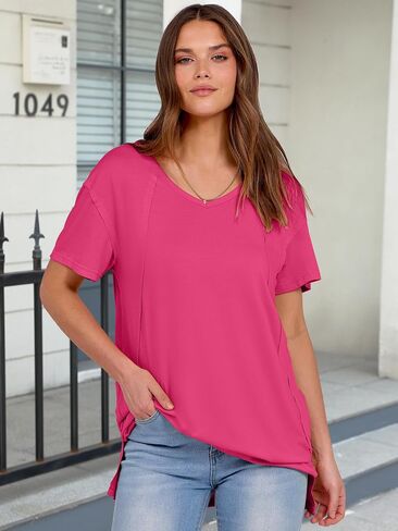 ANRABESS Womens Oversized T Shirts Short Sleeve V Neck Shirts Summer Casual Loose Slit Tunic Top Fashion 2025 Outfits Clothes in Saudi Arabia