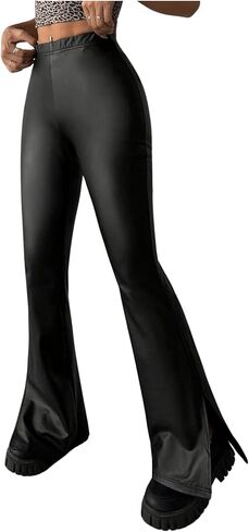MakeMeChic Women's Faux Leather Flared Pants Party High Waisted Leather Pants Bell Bottom in Saudi Arabia