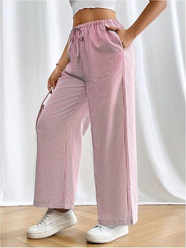 Floerns Women's Striped Elastic Drawstring Waist Straight Wide Leg Pants with Pockets in Saudi Arabia