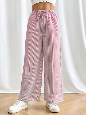 Floerns Women's Striped Elastic Drawstring Waist Straight Wide Leg Pants with Pockets in Saudi Arabia