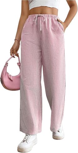 Floerns Women's Striped Elastic Drawstring Waist Straight Wide Leg Pants with Pockets in Saudi Arabia