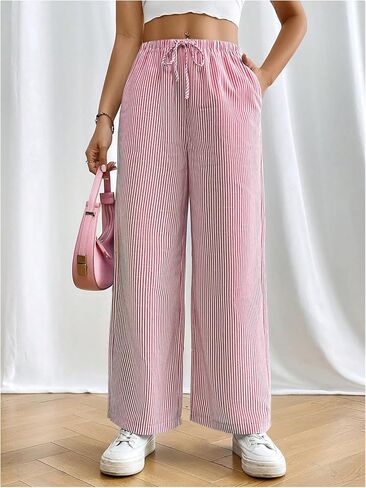 Floerns Women's Striped Elastic Drawstring Waist Straight Wide Leg Pants with Pockets in Saudi Arabia