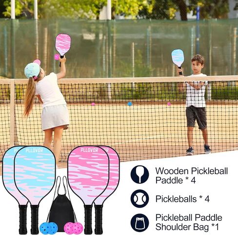 مجموعة مجاديف Pickleball من 4، مجاذيف كرة Pickleball الخشبية، مجاذيف Pikleball لطيفة للأطفال والمبتدئين والعائلة، متوافقة مع USAPA، تتضمن مجدافين ورديين و2 أزرق، و4 كرات مخلل، وحقيبة برباط، هدية رائعة in Saudi Arabia