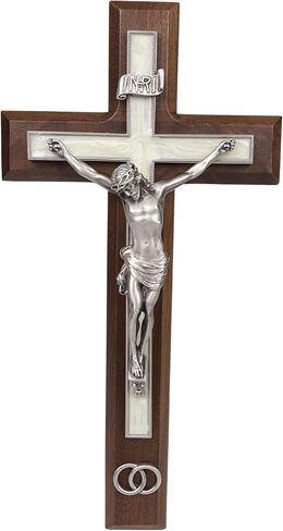 Walnut Wood Crucifix with Pewter Corpus and Wedding Rings, Marriage Gifts for Couples, Religious Ceremony, 10 Inches in Saudi Arabia