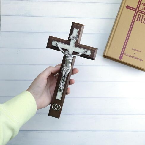 Walnut Wood Crucifix with Pewter Corpus and Wedding Rings, Marriage Gifts for Couples, Religious Ceremony, 10 Inches in Saudi Arabia
