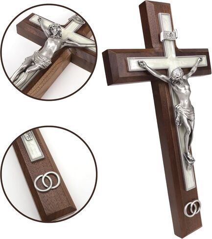 Walnut Wood Crucifix with Pewter Corpus and Wedding Rings, Marriage Gifts for Couples, Religious Ceremony, 10 Inches in Saudi Arabia