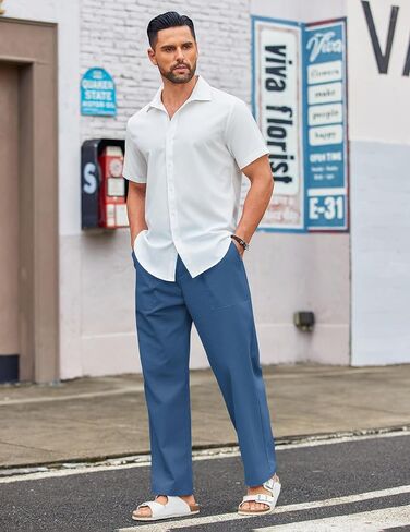 COOFANDY Men's Casual Linen Cotton Pants Elastic Waist Summer Beach Trousers Lightweight Yoga Vacation Pants in Kuwait