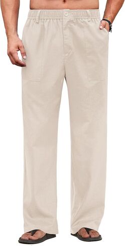 COOFANDY Men's Casual Linen Cotton Pants Elastic Waist Summer Beach Trousers Lightweight Yoga Vacation Pants in Kuwait