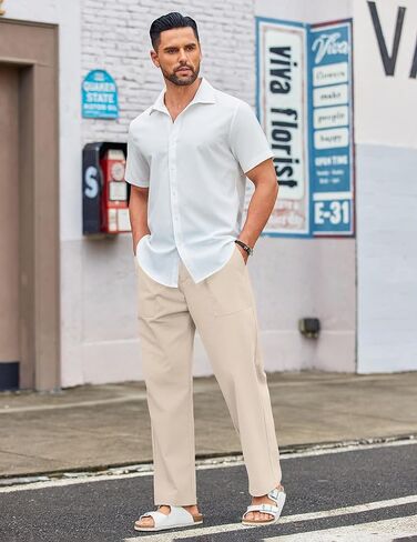 COOFANDY Men's Casual Linen Cotton Pants Elastic Waist Summer Beach Trousers Lightweight Yoga Vacation Pants in Kuwait