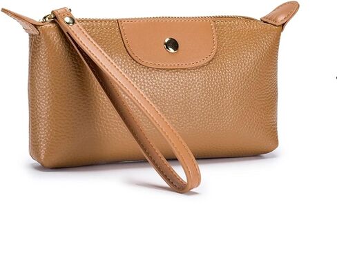 Women Genuine Real Leather Wristlet Wallet Clutch. 2 Zipped Pockets 3 Card Slots Purse (Khaki) in Kuwait