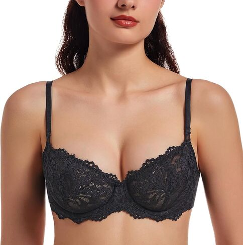 MELENECA Women's Sexy Lace Push Up Plus Size Sheer Balconette Underwire Unlined Bra in Kuwait