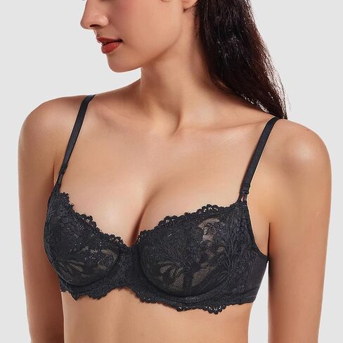 MELENECA Women's Sexy Lace Push Up Plus Size Sheer Balconette Underwire Unlined Bra in Kuwait