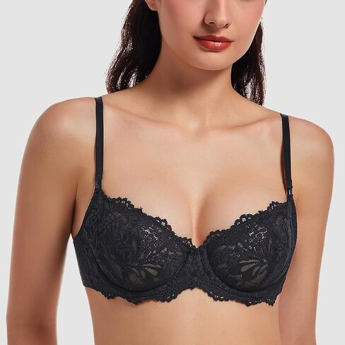 MELENECA Women's Sexy Lace Push Up Plus Size Sheer Balconette Underwire Unlined Bra in Kuwait
