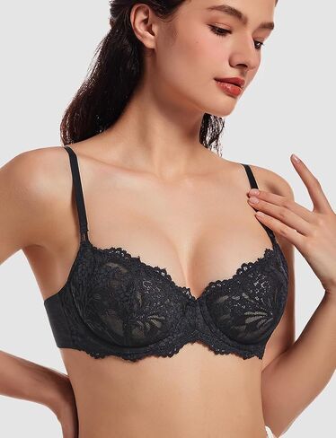 MELENECA Women's Sexy Lace Push Up Plus Size Sheer Balconette Underwire Unlined Bra in Kuwait
