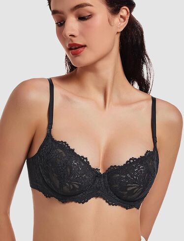 MELENECA Women's Sexy Lace Push Up Plus Size Sheer Balconette Underwire Unlined Bra in Kuwait