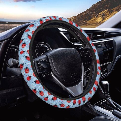 Ladybug Rain Print Car Steering Wheel Cover Auto Steering Wheel Protector Anti-Slip Elasticity and Breathable Car Accessories Universal 15 Inch for Cars SUV Sedan Vans Trucks in Kuwait