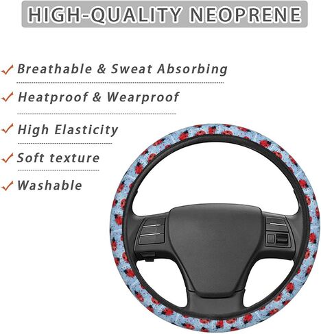 Ladybug Rain Print Car Steering Wheel Cover Auto Steering Wheel Protector Anti-Slip Elasticity and Breathable Car Accessories Universal 15 Inch for Cars SUV Sedan Vans Trucks in Kuwait