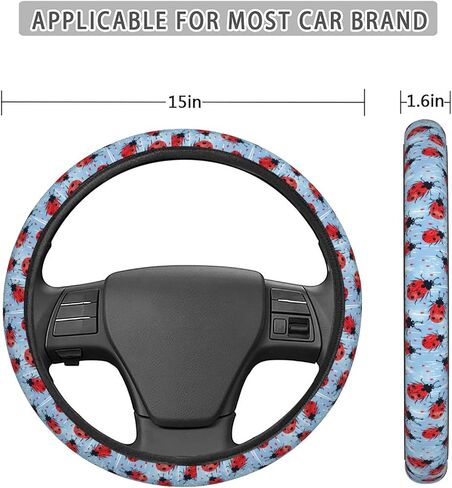 Ladybug Rain Print Car Steering Wheel Cover Auto Steering Wheel Protector Anti-Slip Elasticity and Breathable Car Accessories Universal 15 Inch for Cars SUV Sedan Vans Trucks in Kuwait