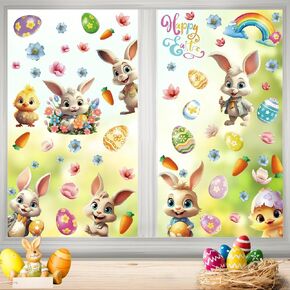CCINEE 8 Sheets Easter Window Clings for Home Decoration,Bunny Flower Chick Egg Carrot Window Decals Stickers for Home Office Easter Party Supplies