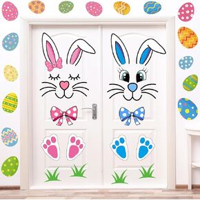 CYNOSA Easter Bunny Door Stickers Easter Bunny Door Decor Large Bunny Face Stickers with Easter Eggs Decals for Spring Door Window Refrigerator Decorations