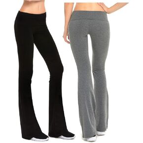 Gilbins Womens Fold-Over Waistband Stretchy Cotton Blend Yoga Pants with A Wide Flare Leg 2 Pack