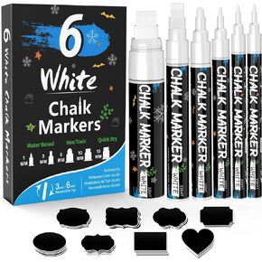 White Window Chalk Markers Pen: 6 Pack White Glass Marker, Liquid Chalk Marker for Chalkboard Signs, Car Window Paint Marker Pen for Bistro, Jars, Erasable, Non-Toxic, 5 Nib Sizes (1, 3, 6, 10, 15mm)