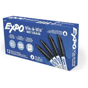EXPO Visa Vis Wet Erase Markers, Fine Point, Black, 12 Count