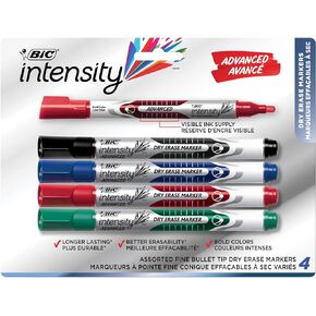BIC Intensity Advanced Colorful Dry Erase Markers, Bullet Tip, 12-Count Pack of Assorted Colors, Whiteboard Markers for Teachers and Office Supplies